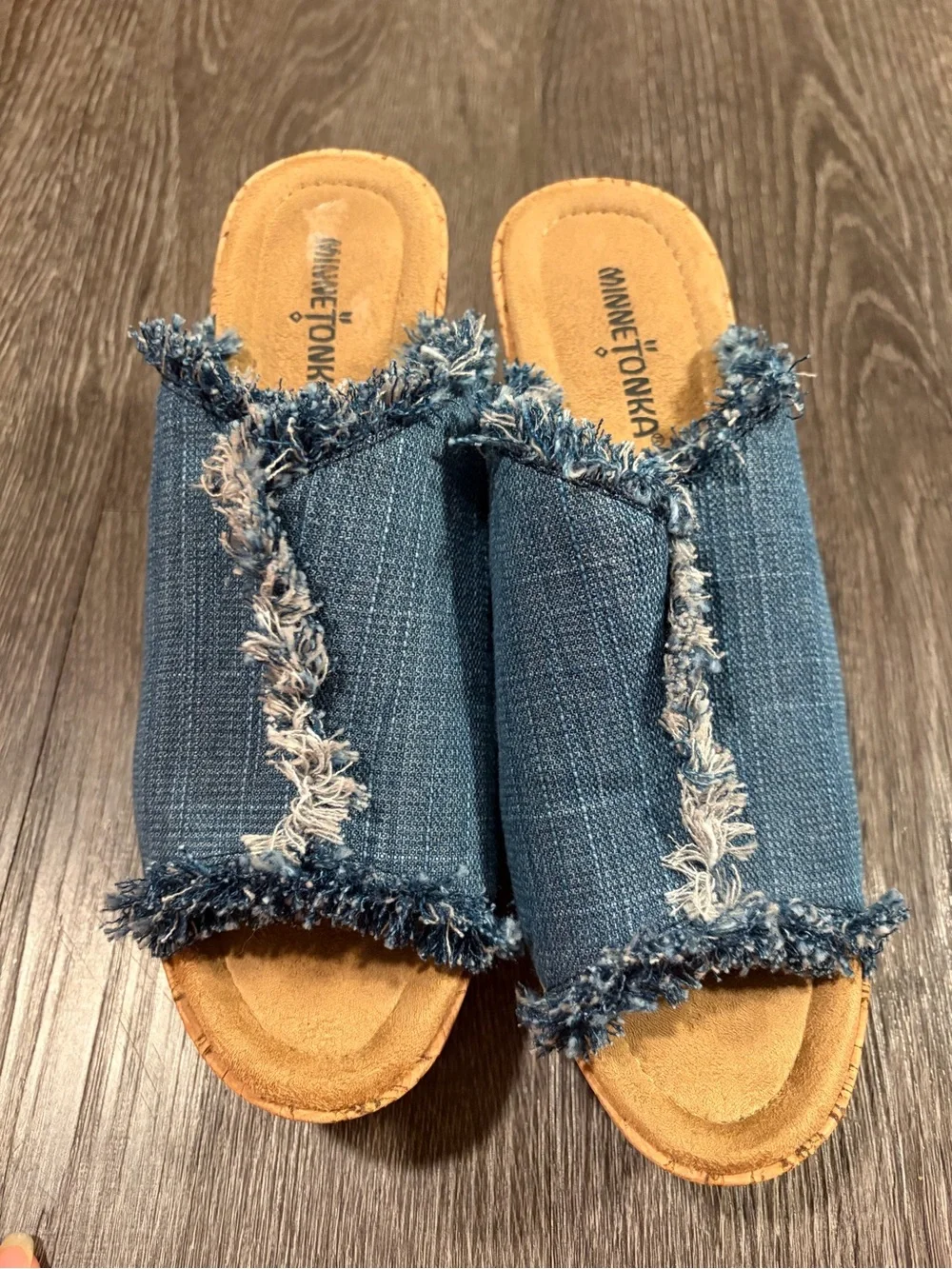 Minnetonka Blue Denim Frayed Cork Wedge Slides